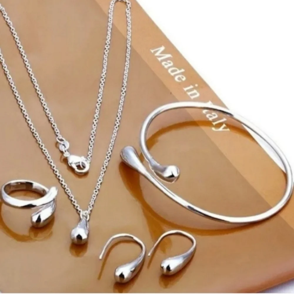 925 Sterling Silver Waterdrop Jewelry Set Bracelet Necklace Earrings Ring - Picture 1 of 16